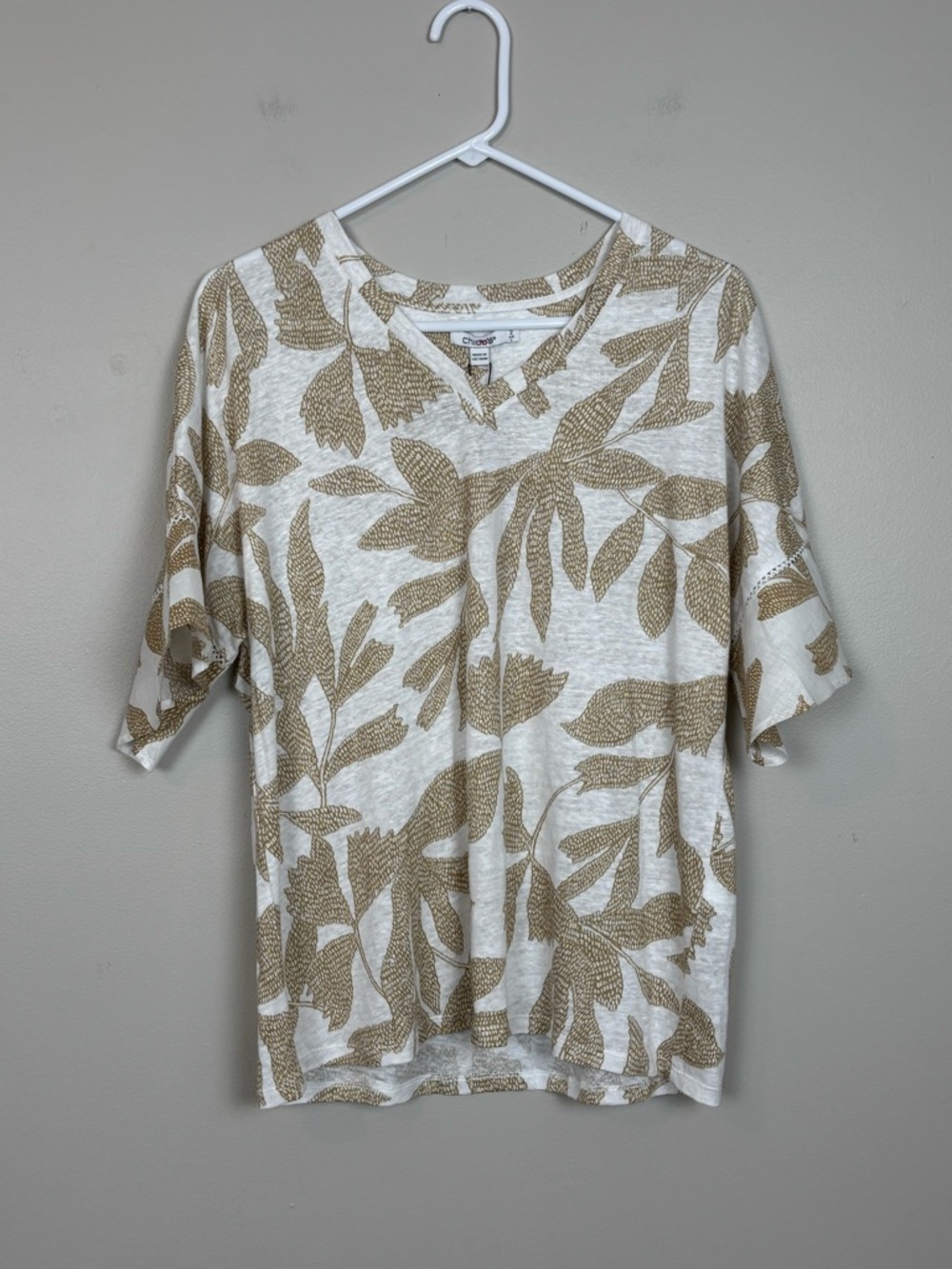 Chicos‎ Top Womens Lg 100% Linen Leaves Flutter Sleeve V-Neck Knit in Sycamore